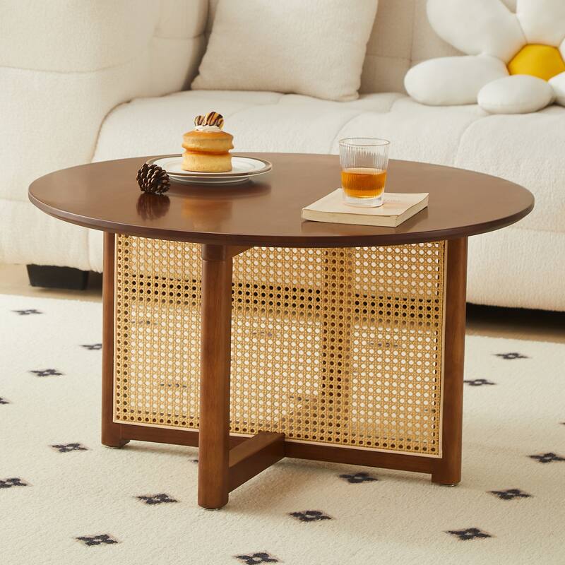 Mid Century Wooden Coffee Table Bohemian Style Coffee Table with Solid Wood and Frame Rattan Stand, for Living Room