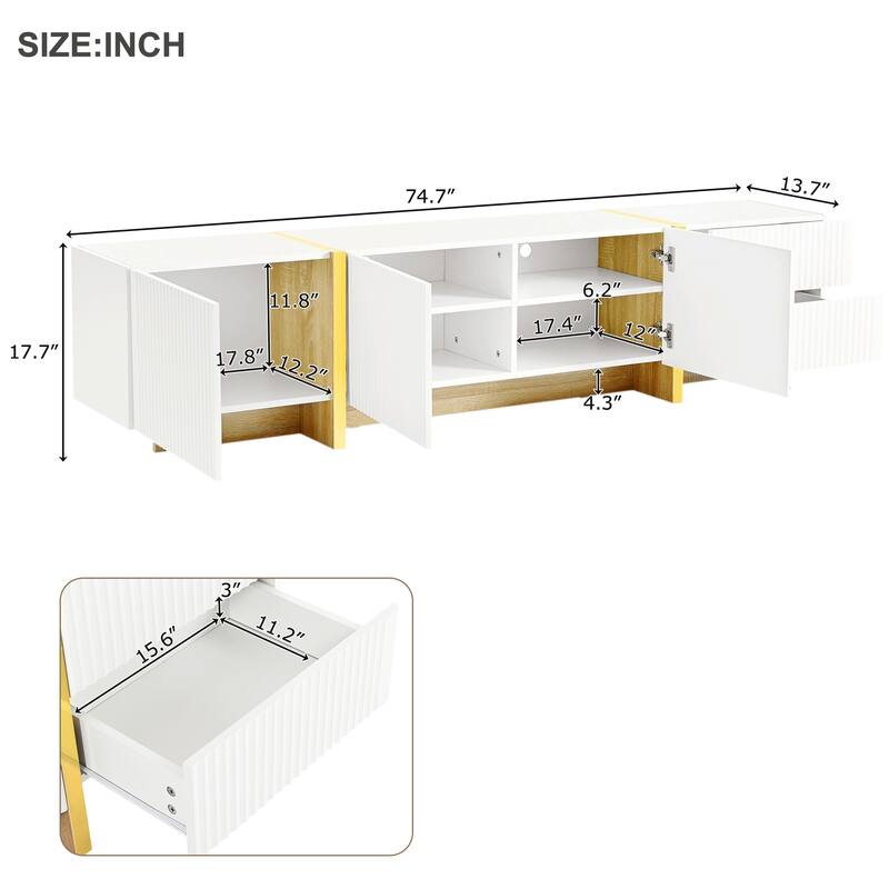 Modern Fluted TV Stand Luxury TV Stand with Storage Drawers and Gold Wood-Grain Legs, for Living Rooms, White