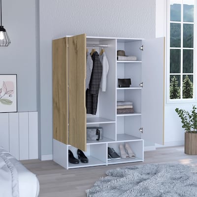 Rectangle Wood 2-Door Armoire w/Shoe Cabinet and Shelves & Hanging Rod