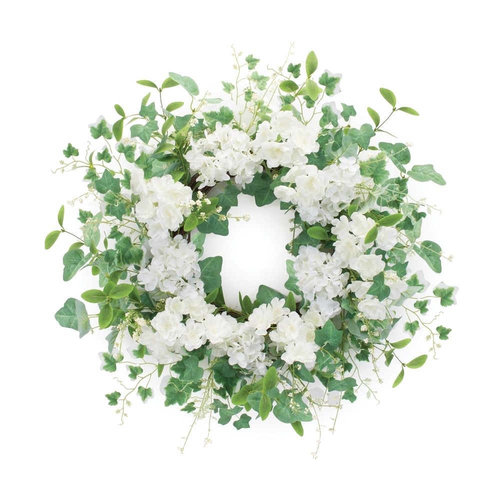 22 in. Variegated Artificial Ivy Leaf Foliage Greenery Wreath with Twig Ring
