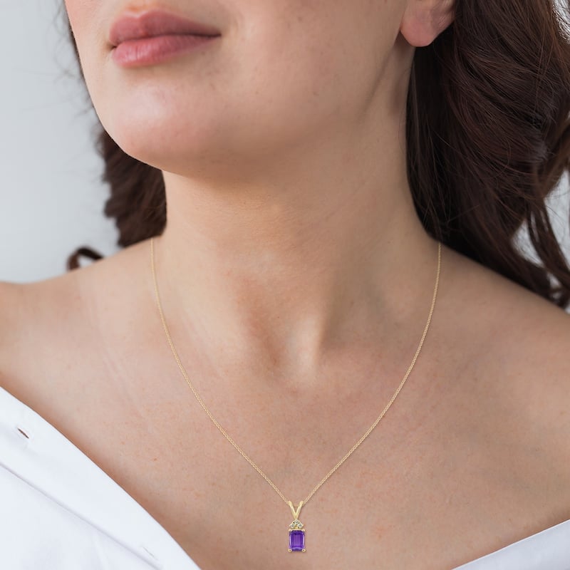 Marquee 14K Yellow Gold 7x5MM Emerald Shaped Amethyst and Diamond Pendant