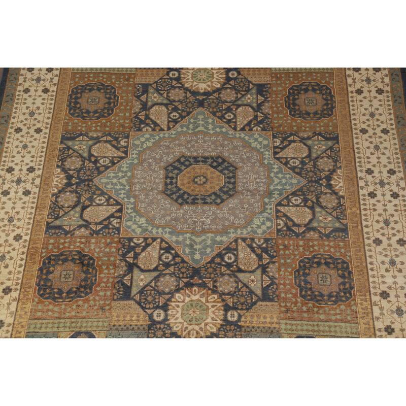 Hand Knotted Oriental 100% Wool Carpet Traditional Geometric Navy Blue & Blues Kazak Area Rug - 9' 10'' X 7' 11''