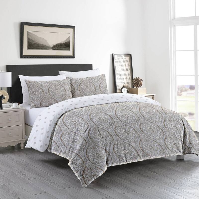 Delara GOTS Certified 100% Organic Cotton Damask Reversible Print Duvet Cover and Sham Set of 2