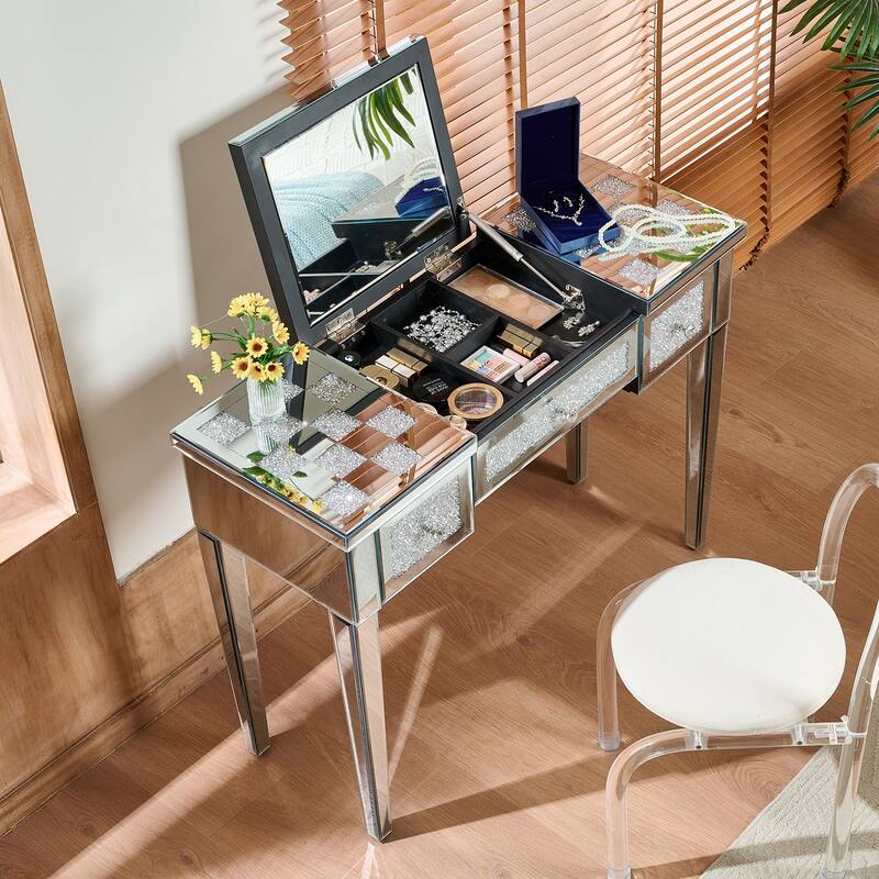 Mirrored Makeup Vanity Desk Console Table with Flip-Top Mirror