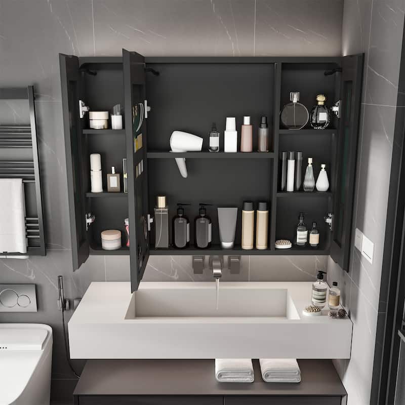 Mirror Cabinet with 3 Colors LED Light,Defogging and Hair Dryer Holder