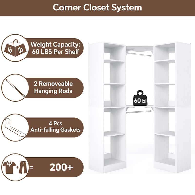 Kyrvo Corner Closet System with 12 Shelves and 2 Hanging Rods, 40"W x 80"H Freestanding Walk-in Closet Organizer System