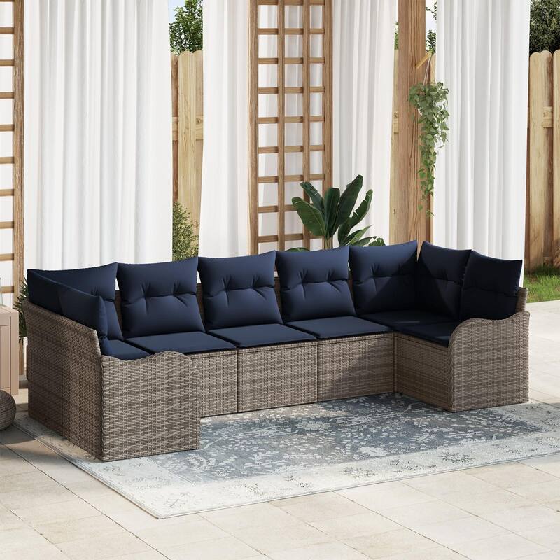 vidaXL 7 Piece Garden Sofa Set with Cushions Gray Poly Rattan - 48 x 114 x 33 in