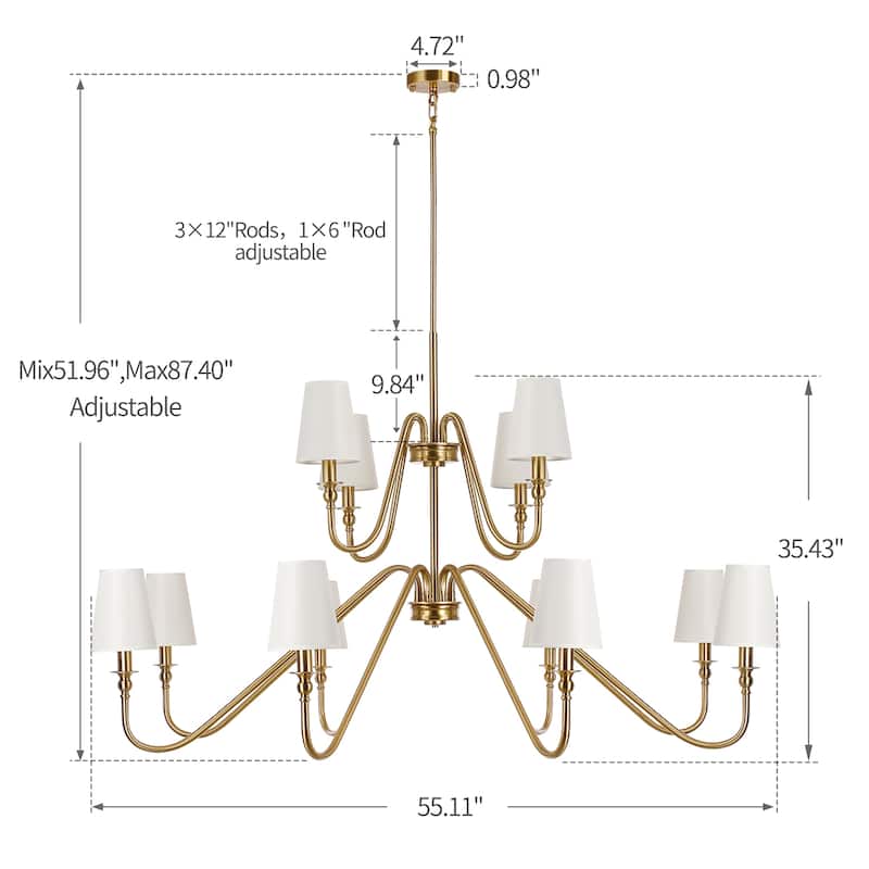 Bella 12-Light 2- Tier Classic Modern Black & Gold Finish Chandelier With Beige Fabric Stay-Straight Shades