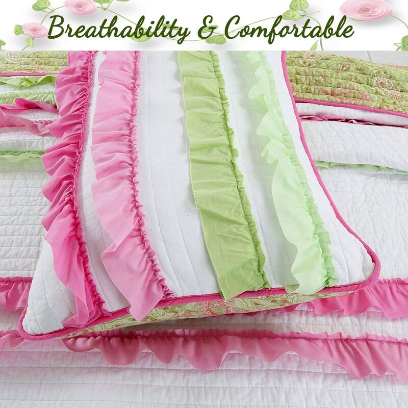 Cozy Line Charlotte Chic Pink Green Ruffle Quilt Bedding Set