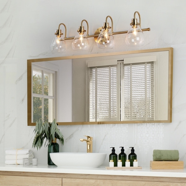 Modern Contemporary Brass Gold 4 Light Bathroom Vanity Light LED Dimmable Glass Wall Sconces L31.5 x W7.5 x H8.5