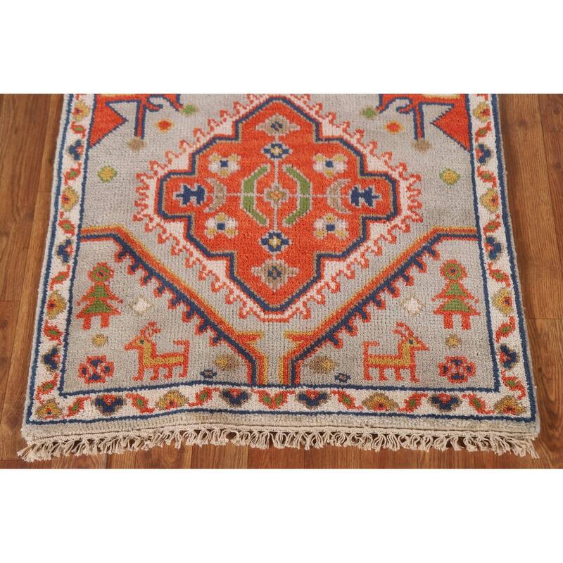 Geometric Green Kazak Indian Runner Rug Handmade Wool Carpet - 2'7"x 9'1"