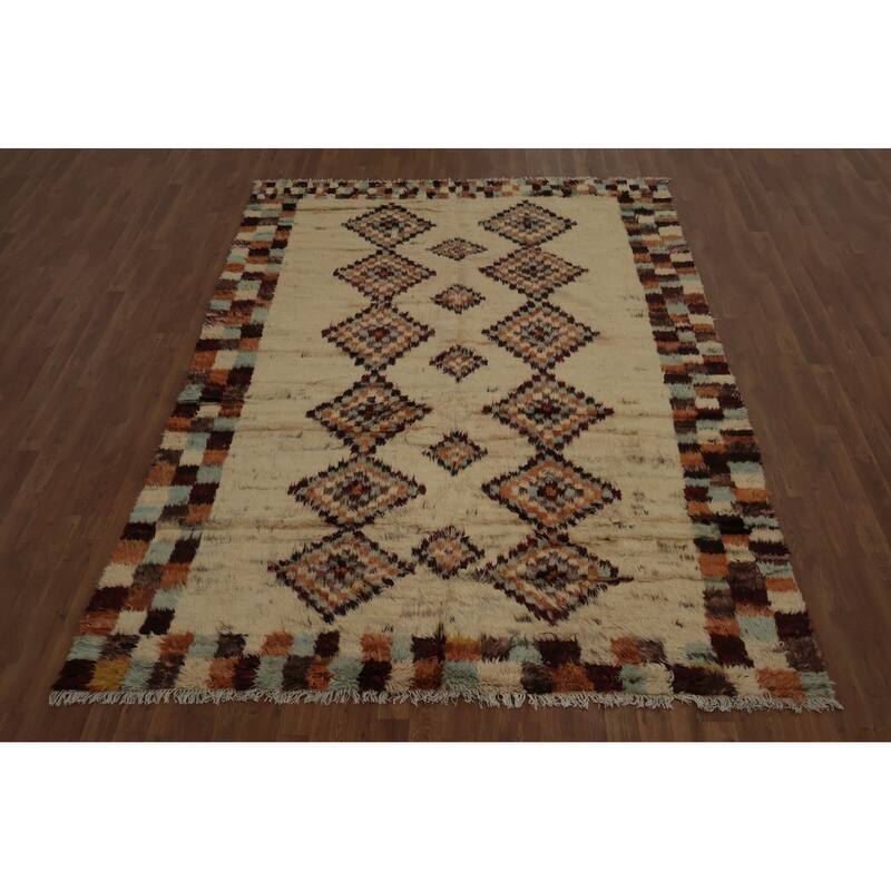 Hand Knotted Oriental 100% Wool Carpet Modern Tribal Beige & Ivories Moroccan Area Rug - 9' 8'' X 6' 8''