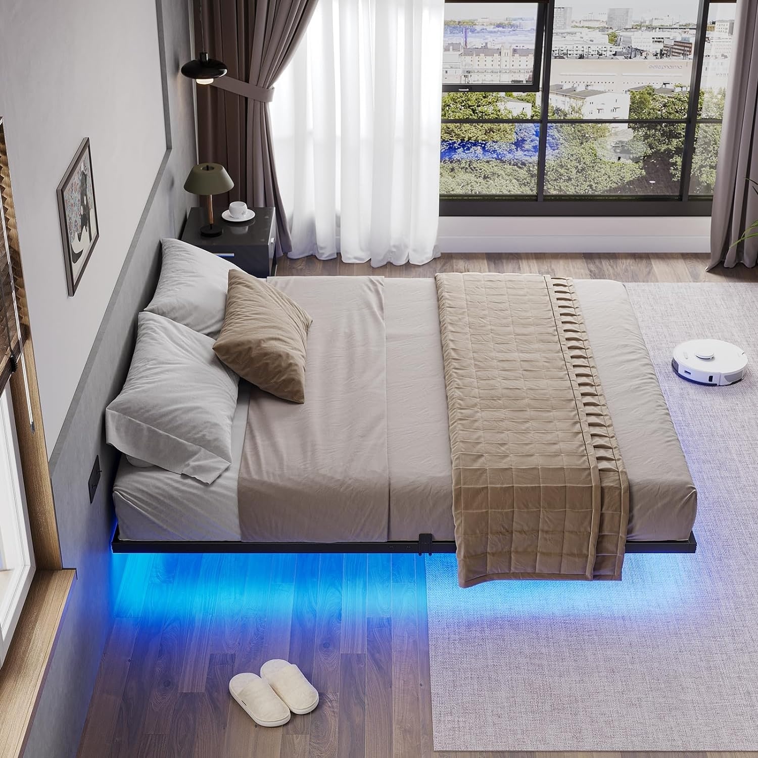 Platform bed with shop lights underneath