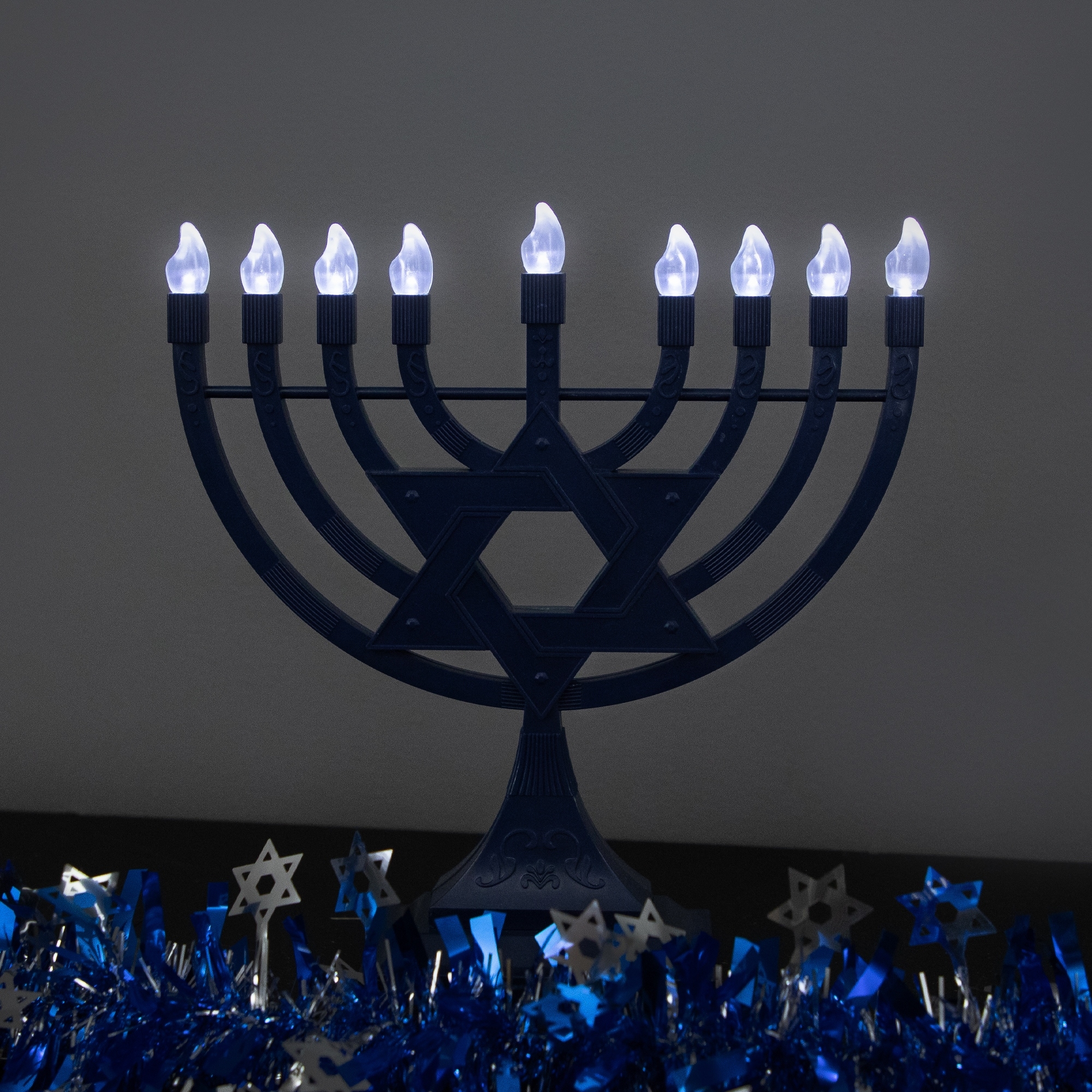Battery Operated LED Star of David Hanukkah Menorah 11.75" Blue