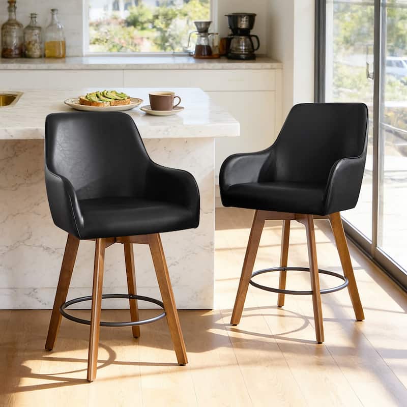 25 Inch Upholstered Swivel Counter Height Bar Stool with Armrests, Solid Wood Legs - 23.6"W x 22.4"D x 40.2"H