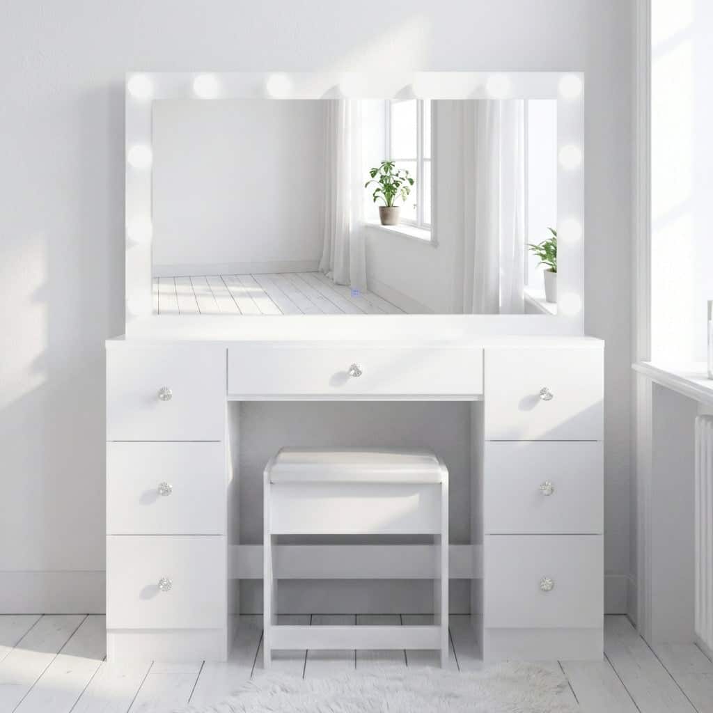 Modern White Makeup Vanity Desk with 13 Dimmable Lights, Glass Top, USB-A & USB-C, 7 Drawers, Hair Dryer Holder, and Stool