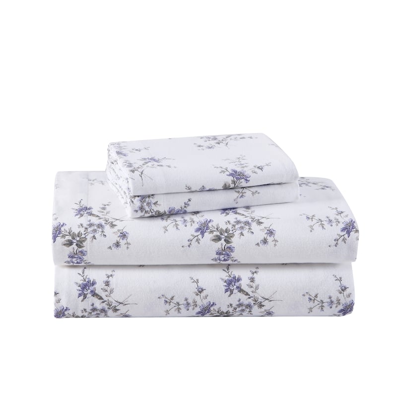 Laura Ashley Cotton Flannel Deep Pocket Sheet & Pillowcase Set - Jessika Purple - Twin