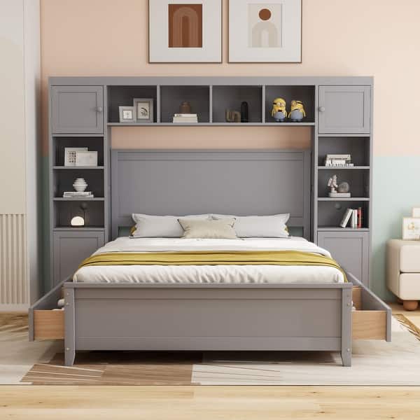 slide 2 of 107, Modern Platform Bed with Integrated Cabinet, Trundle Bed and Drawers Grey - Full