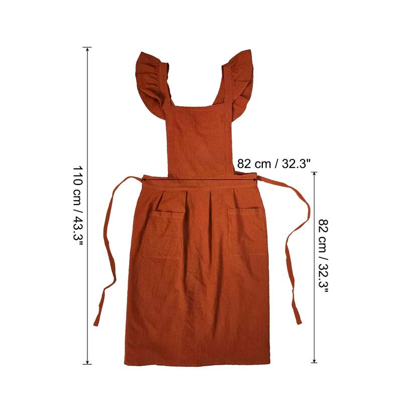 Cotton Linen Aprons Cross Back Pinafore Work Dress with Pockets - 43.3 inch - Red