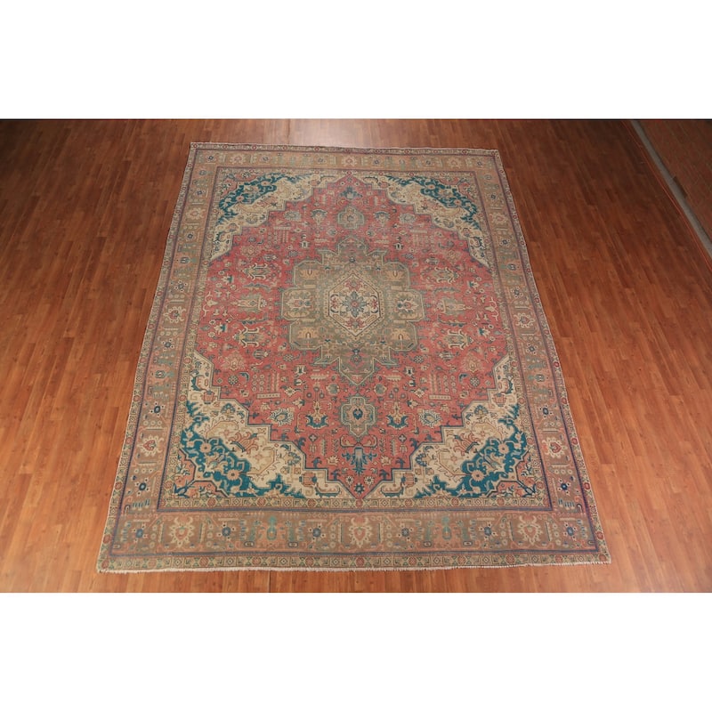 Pink Geometric Tabriz Persian Area Rug Hand-Knotted Wool Carpet - 9'7"x 12'7"
