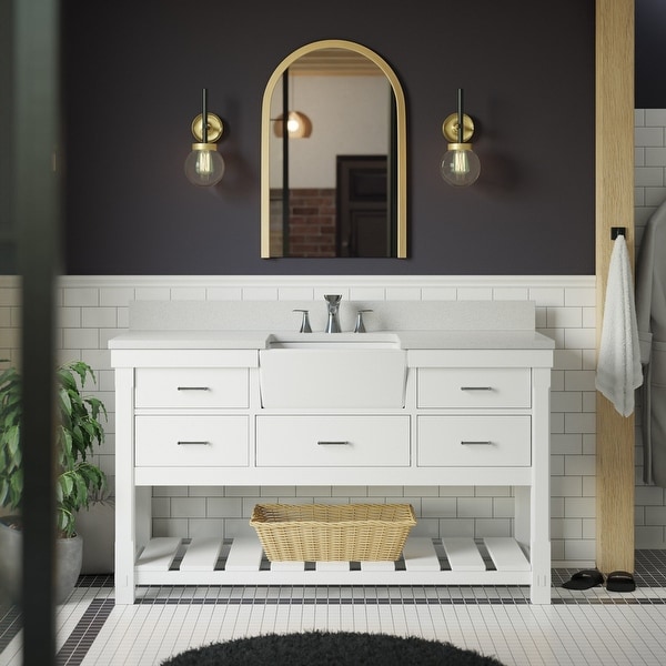 White Quartz Countertop Beverly 60-inch Single Sink Bathroom Vanity and White Ceramic Sink : Includes a White Cabinet with Soft Close Drawers Quartz/White