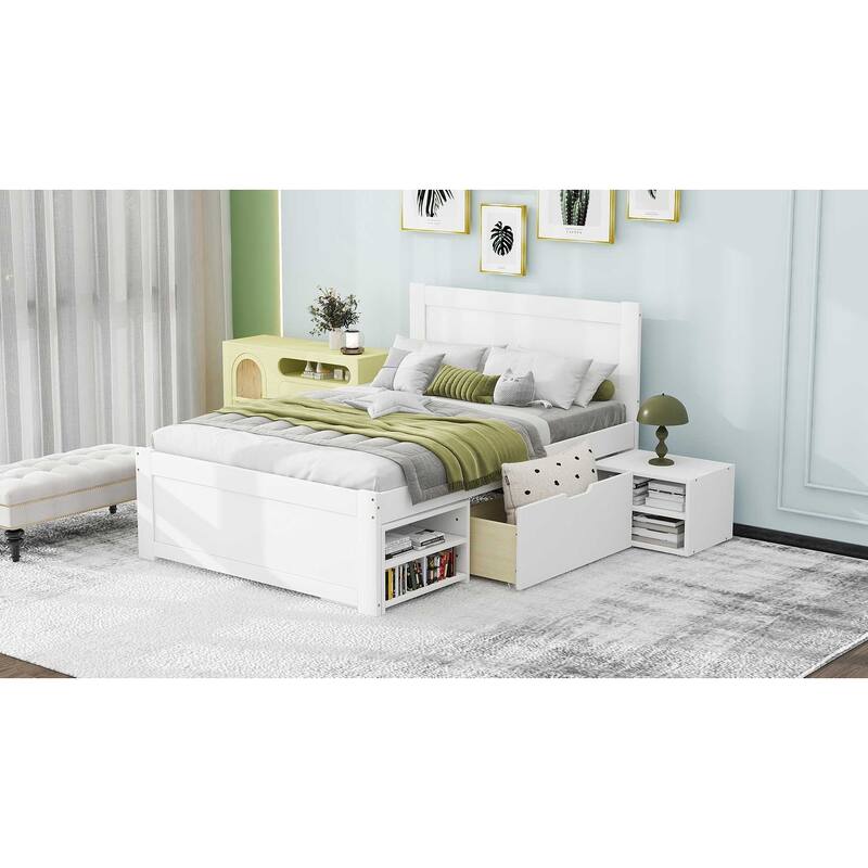 Modern Twin Size Platform Bed with Shelves and Pull-Out Drawer - Sturdy Frame, No Box Spring Required, Easy to Assemble