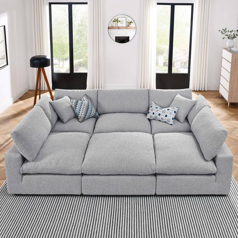 Commix Down Filled Overstuffed Boucle Fabric 6-Piece Sectional Sofa - Light Gray
