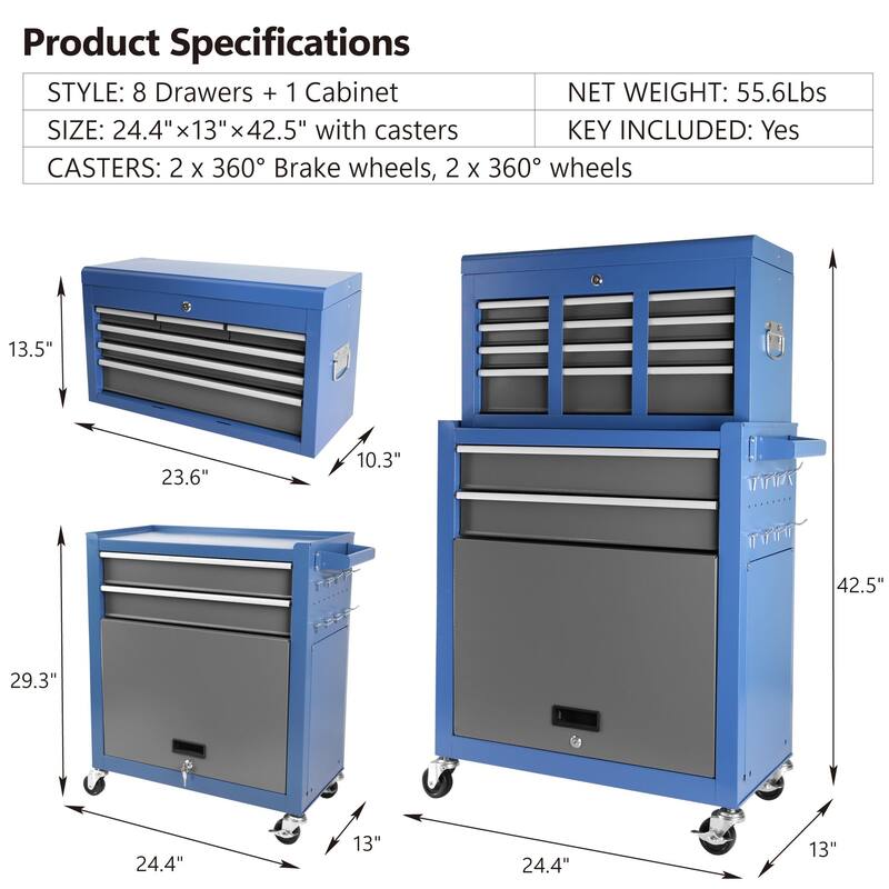 8-Drawer Rolling Tool Chest with Wheels, Large Mobile Steel Tool Storage Organizer with Lock&Liner