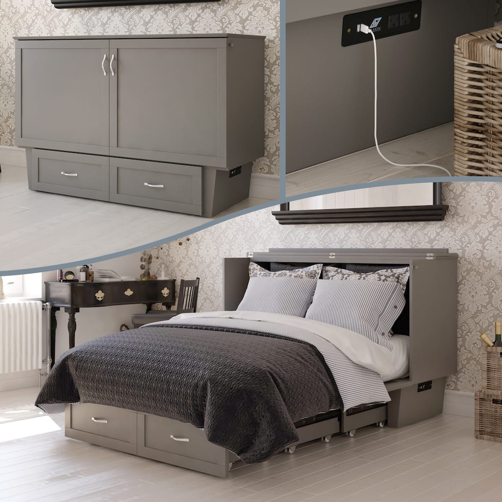 Monroe Queen Murphy Bed Chest with 6" Mattress, Storage Drawer & Built-In Charger in Grey