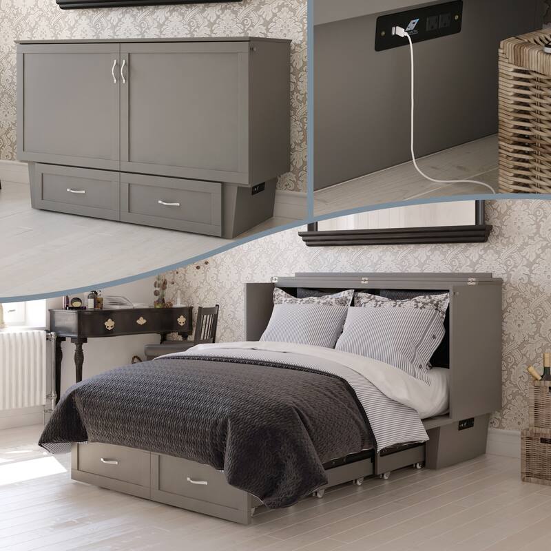 Monroe Queen Murphy Bed Chest with Mattress and Built-In Charger - Grey