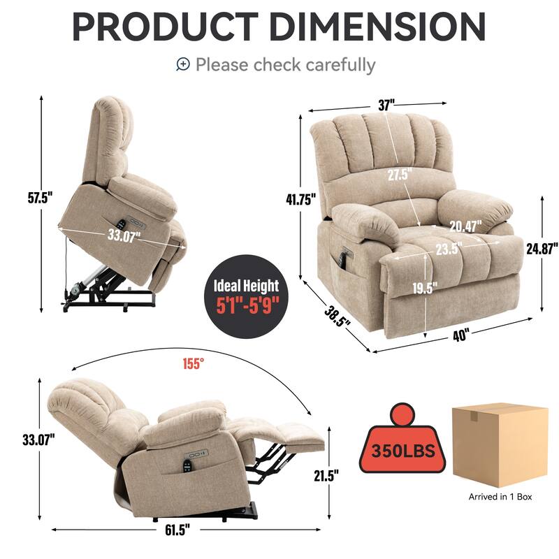 Chenille Large Electric Power Lift Massage & Heat, USB Port,Pockets
