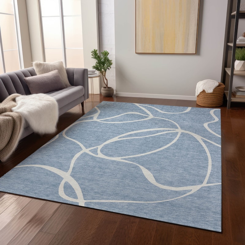 Machine Washable Indoor/ Outdoor Abstract Modern Chantille Rug - Denim - 9' x 12'