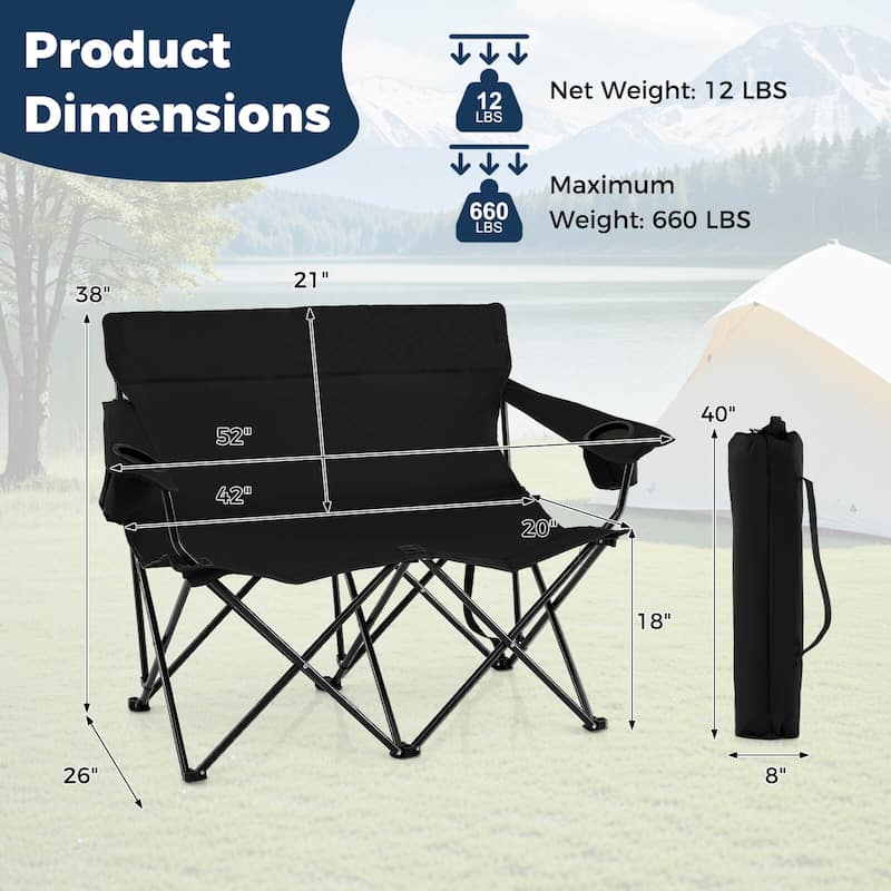 Costway 2-Person Outdoor Folding Loveseat with Cup Holders Armrests