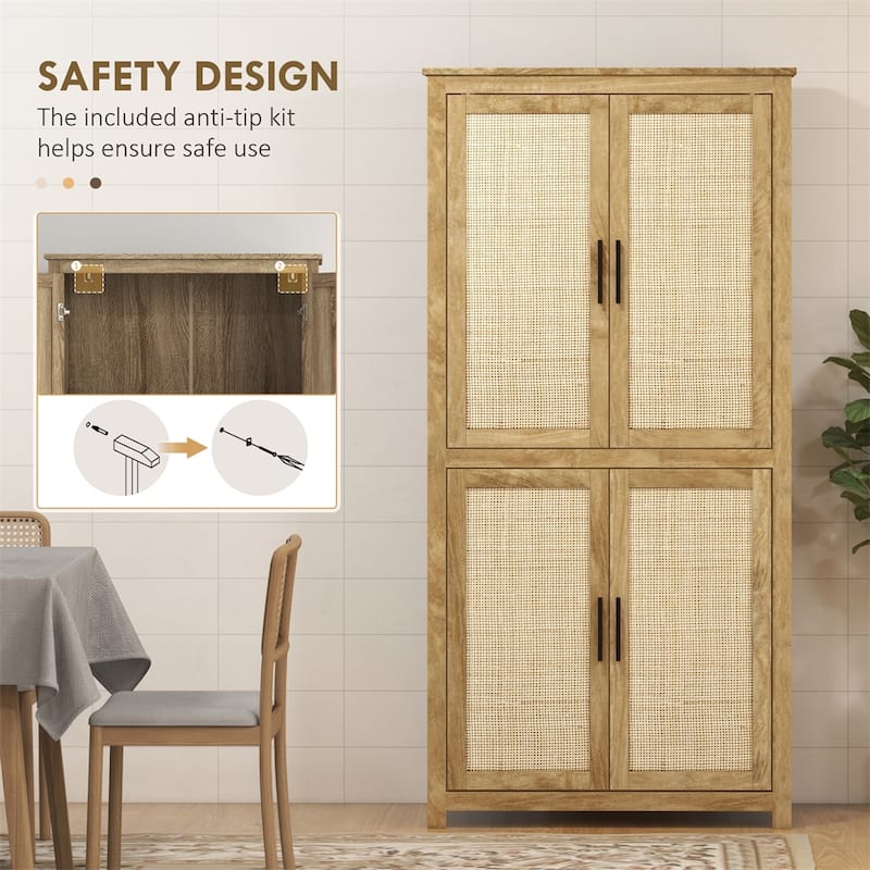 64" Rattan Kitchen Storage Cabinet with Adjustable Shelf, Natural