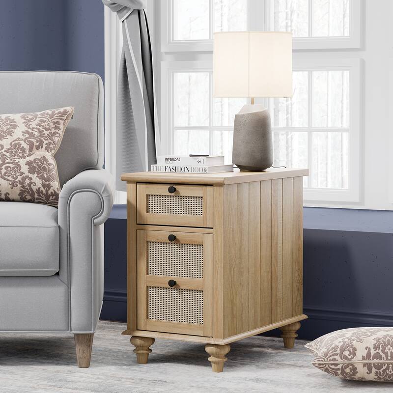 WAMPAT Farmhouse End Table with Charging Station, Wood Sofa Side Table