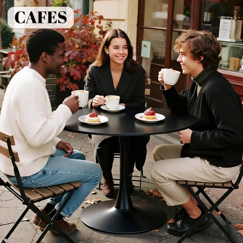 White Round Dining Table, Equipped with an elegant tulip-shaped metal base and a 31.5-inch medium-density fiberboard tabletop