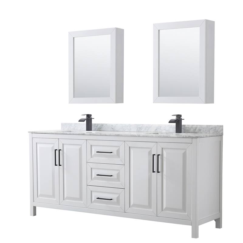 Wyndham Collection Daria 80" Free Standing Double Vanity Set with MDF - White / White Carrara Marble Top / Matte Black - Painted
