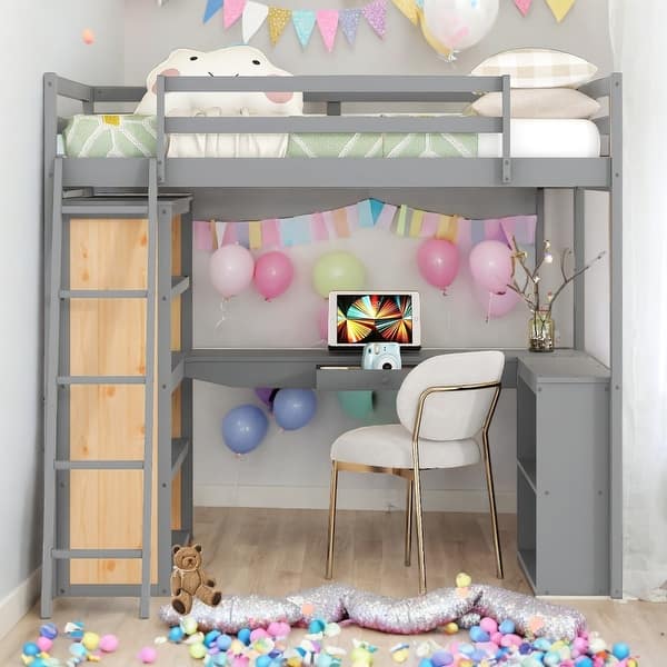 slide 2 of 9, Full Size Multi-function Loft Bed With Ladder,Shelves and Desk,Solid Construction Grey