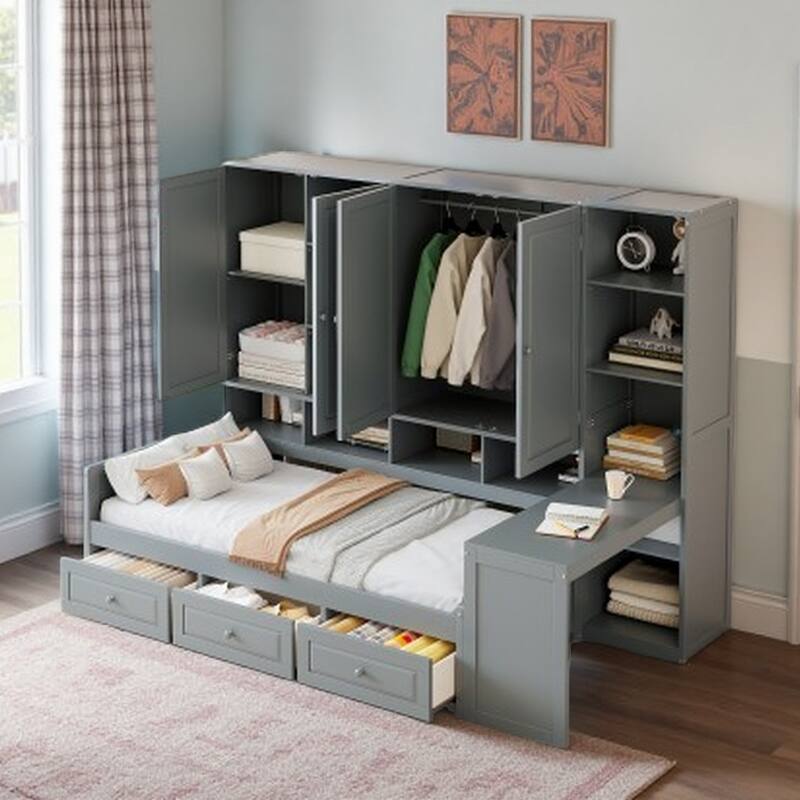 Full Size Wood Daybed with Built-In Desk, Drawers, Shelves & Cabinets, with Reversible Workspace and Storage