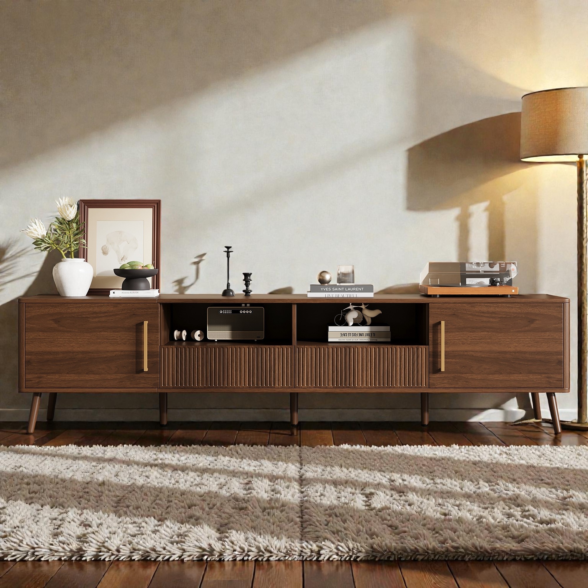 78" Modern TV Stand for TVs Up to 85", Entertainment Center with Soft-Close Doors, Open Shelf & Drawers, Solid Wood Legs