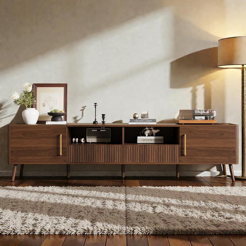 78" Modern TV Stand for TVs Up to 85", Entertainment Center with Soft-Close Doors, Open Shelf & Drawers, Solid Wood Legs - Walnut