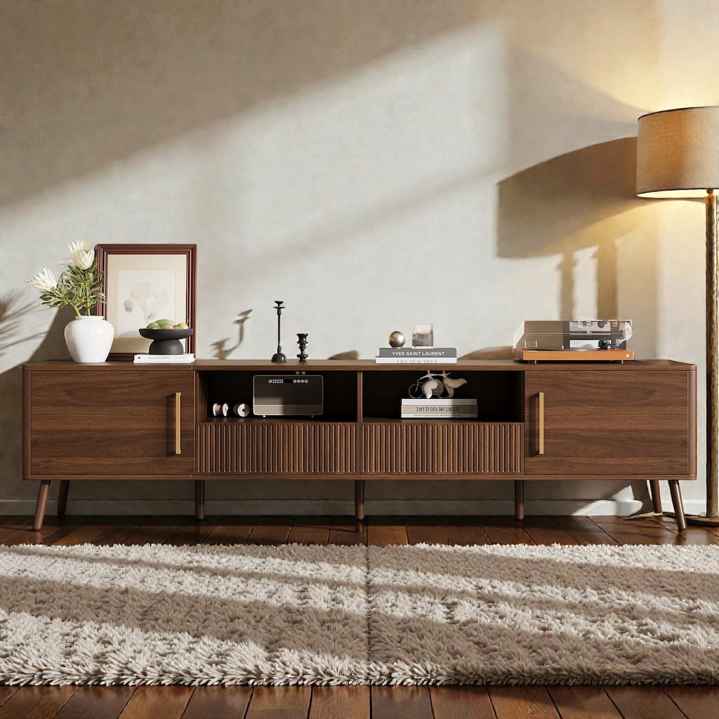 78" Modern TV Stand for TVs Up to 85", Entertainment Center with Soft-Close Doors, Open Shelf & Drawers, Solid Wood Legs