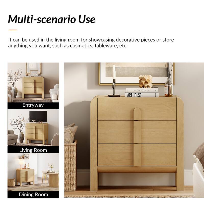 WAMPAT Modern Wood Nightstand With 3 Drawers ,31.5" Large Mid-Century End Table,Curved Bedside Table Storage Cabinet For Bedroom