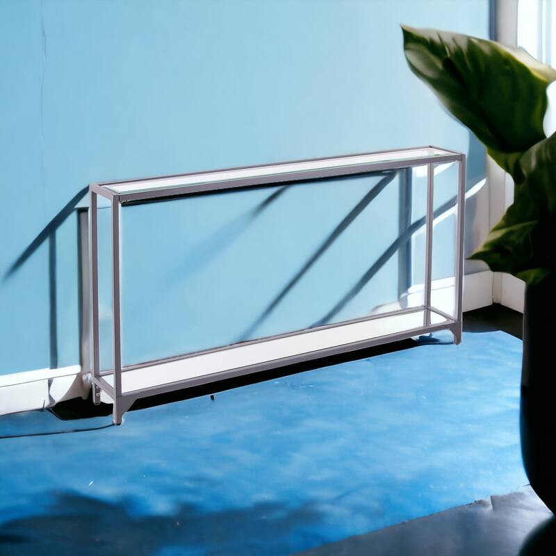 Glass Mirrored Console Table and Metal Frame with Shelf - 56” L x 8” W x 29” H