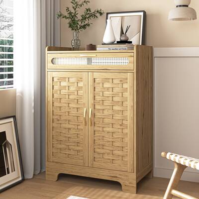 Bamboo Weaving Bathroom Storage Cabinet, Farmhouse Storage Cabinet, Barn Door Buffet Sideboard with Drawer and Adjustable Shelf