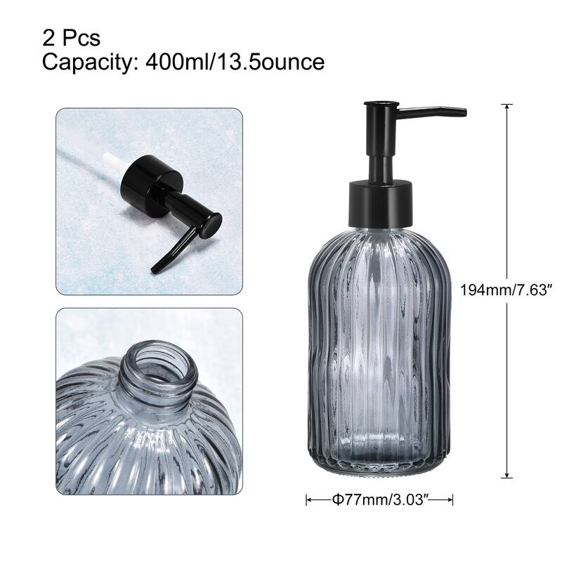 Soap Dispensers Set - 2 Pack 13.5Oz Glass Dish Hand Soap Dispenser with Black Pump for Kitchen Bathroom - Gray