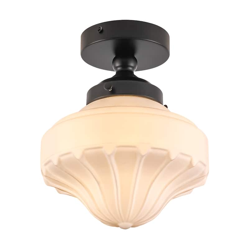 8.7 in. 1-Light Retro Black/Antique Gold Ice-Cream Shaped Semi-Flush Mount Ceiling Light with Opal Textured Glass Shade