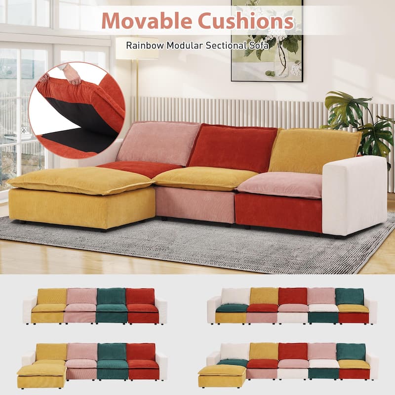 Modular Sectional Sofa, Modern Comfy Cloud Sofa Couch, Corduroy Rainbow Deep Seat Sofa with Movable Cushion