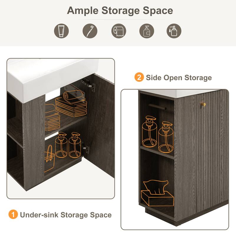 22" Bathroom Vanity with Ceramic Sink - Freestanding Modern Wood Grain Cabinet, Open & Closed Storage for Small Bathrooms