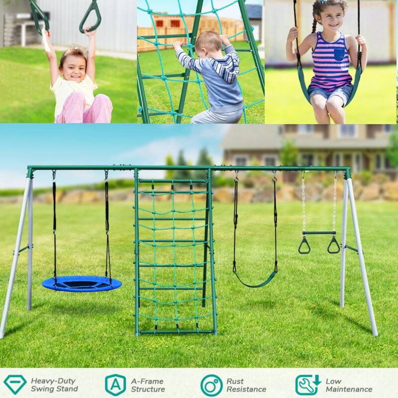 Hapfan Swing Sets for Backyard with Saucer Swing, Belt Swing, Monkey Bar, Climbing Rope, Climbing Ladder - N/A